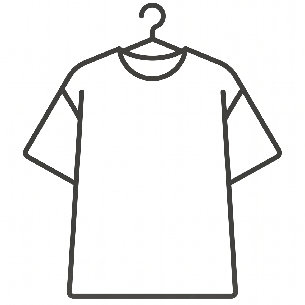 Black line drawing of a t-shirt on a hanger against a white background